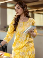 Yellow Printed Cotton Straight Kurta