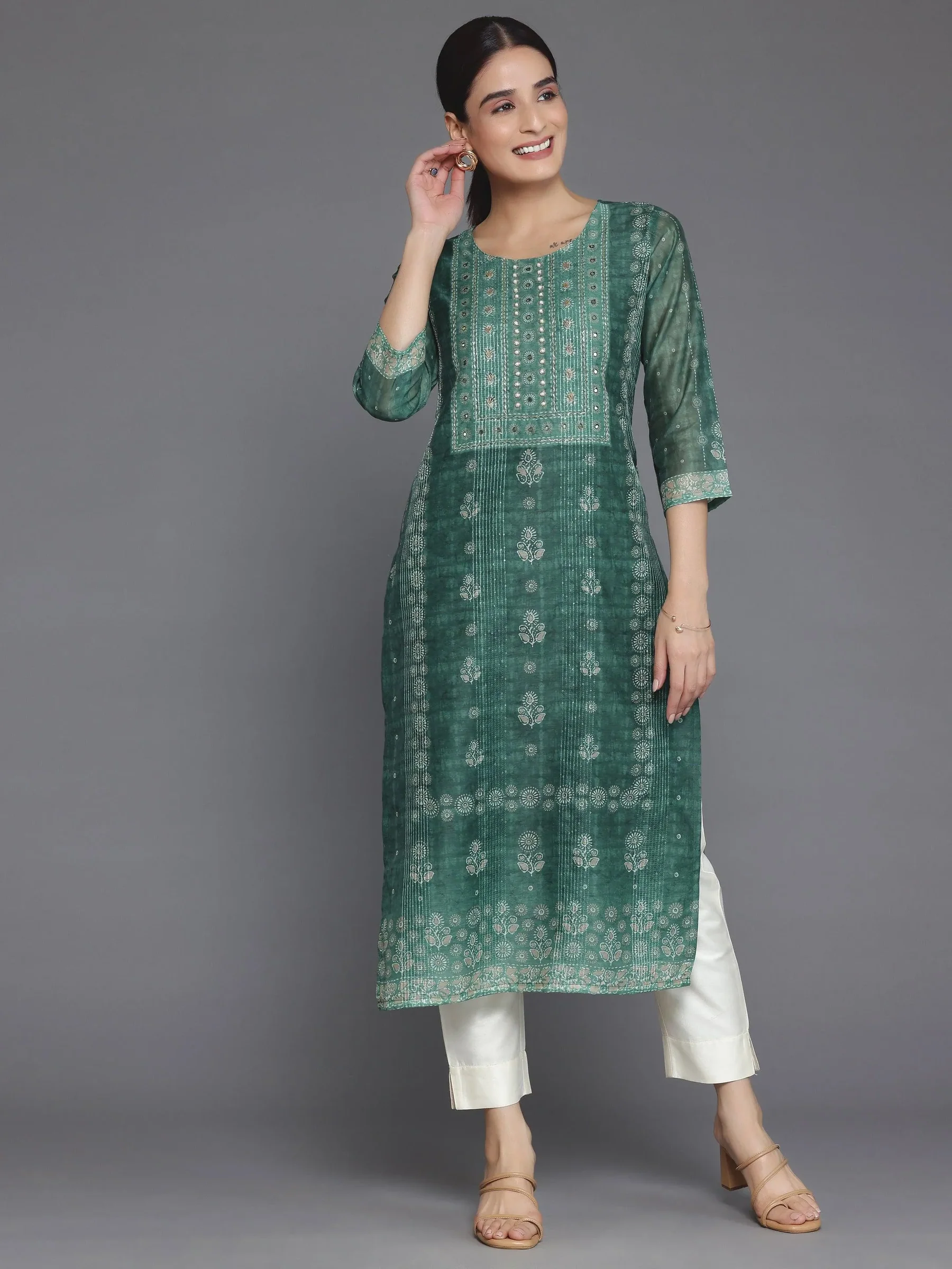 37046_1.webp Green Printed Chanderi Silk Straight Kurta - Image 1
