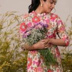 Cream Printed Silk Blend A-Line Kurti