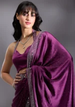 Purple Silver Stonework Satin Saree - Image 3