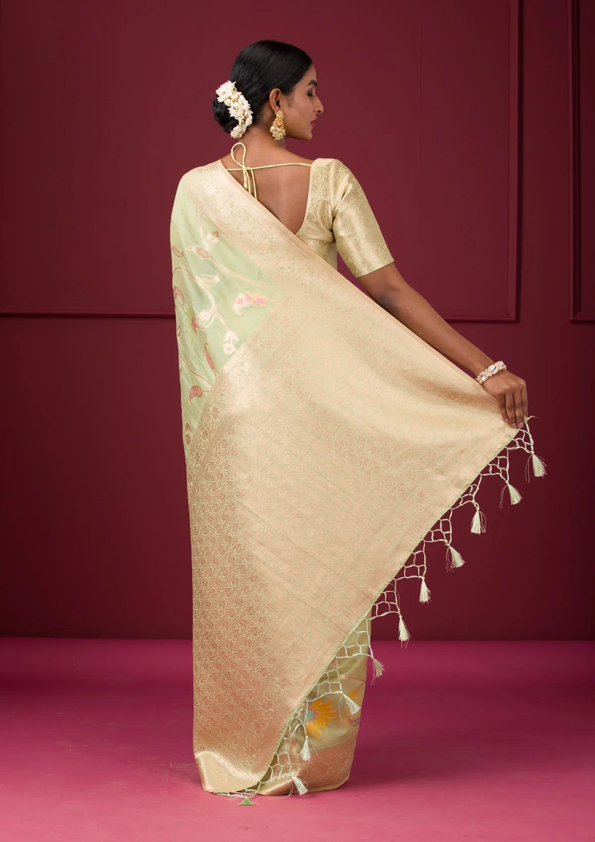Pista Green Zariwork Tissue Saree - Image 2